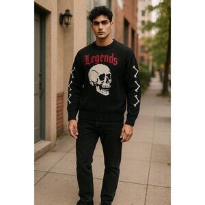 Reason Y2K LEGENDS Skull Pullover Sweater Goth Skull Halloween NWT